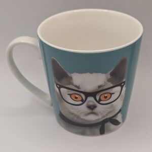 Teal Ceramic Cat Face Mug with Orange Eyes